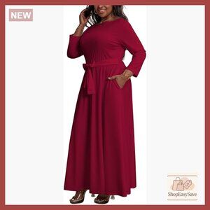 Plus Size Maxi Dress 3/4 Sleeve Stretchy Gown with Pockets Elegant Modest